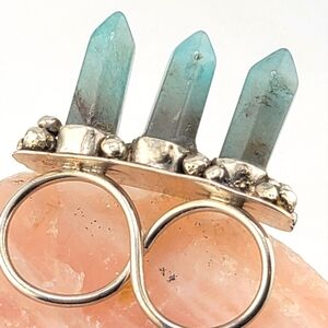 3 SPIKES AQUAMARINE DOUBLE RING BAND HANDMADE IN STERLING SILVER METAL 8.5 & 7.5